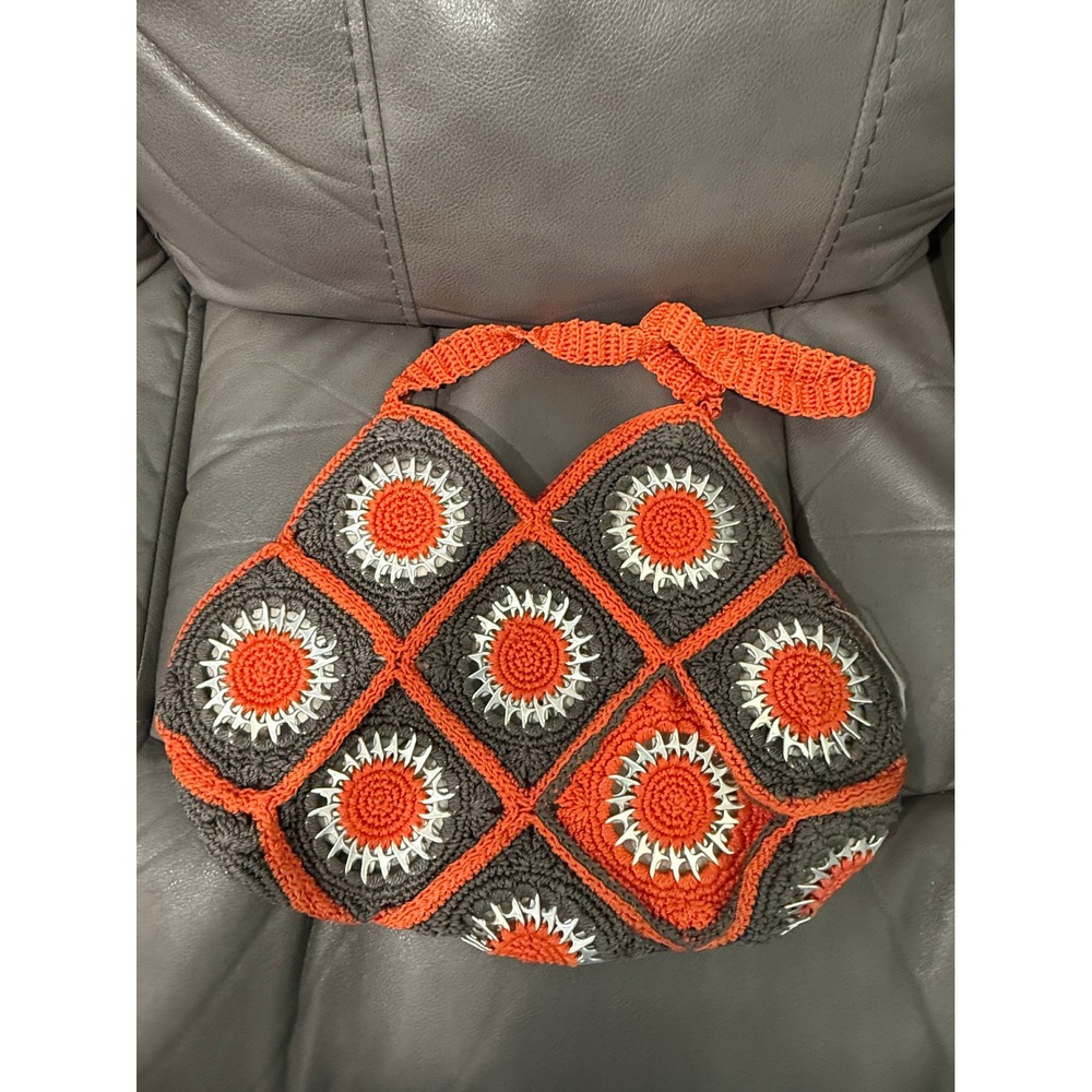 Handmade Crochet Soda Pop Tab Bag‎ Orange Gray Boho Granny Square Lined Tote - Picture 6 of 7